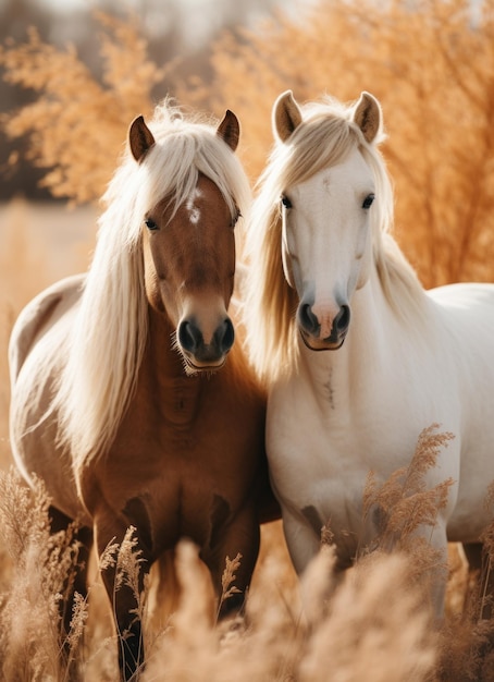 Closeup of Two horses in a autumn dry grass