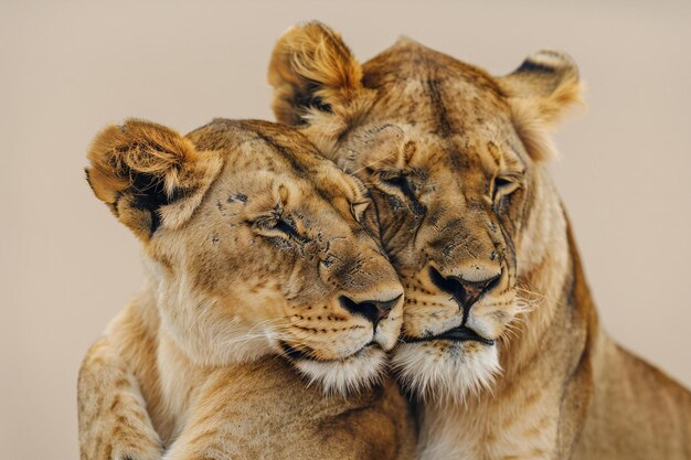 Photo a closeup of two lionesses in love the one on top is facing away from the camera and looking down a