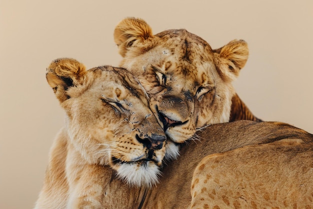 Photo a closeup of two lionesses in love the one on top is facing away from the camera and looking down a