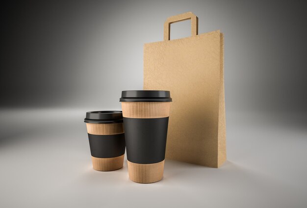 Closeup of two paper cups for coffee with black labels and paper bag. Image ready for design.