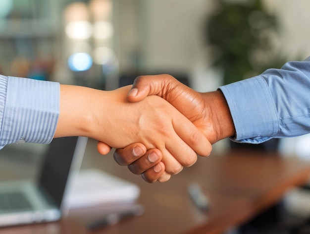 Closeup of two people engaging in a firm handshake against an office backdrop signaling agreement or partnership