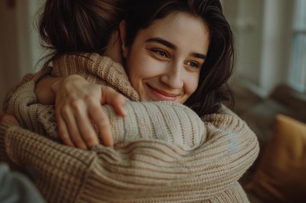 Photo closeup of two people sharing a warm hug in a cozy indoor setting the image shows an intimate moment filled with love and support ideal for concepts of friendship care and compassion ai