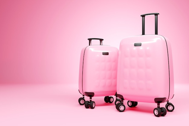 Closeup of two pink travel suitcases on wheels on a pink background 3d rendering