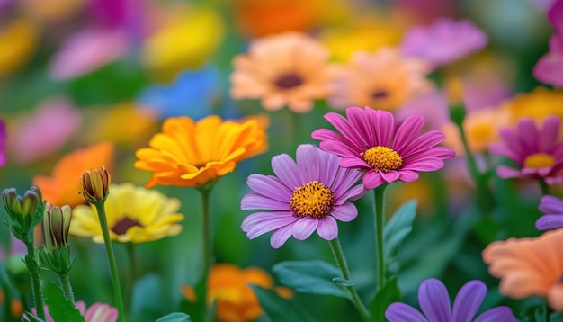 A CloseUp of Two Purple and One Orange Flower in a Garden