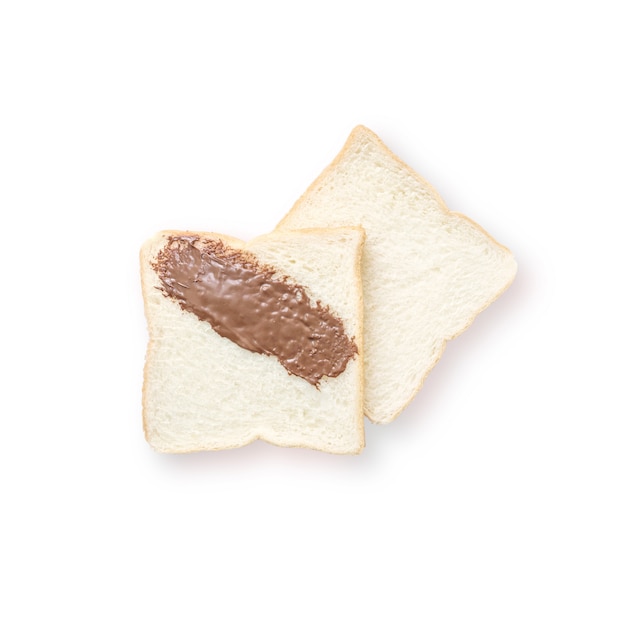 Closeup two slice bread for breakfast with chocolate for breakfast isolated on white background