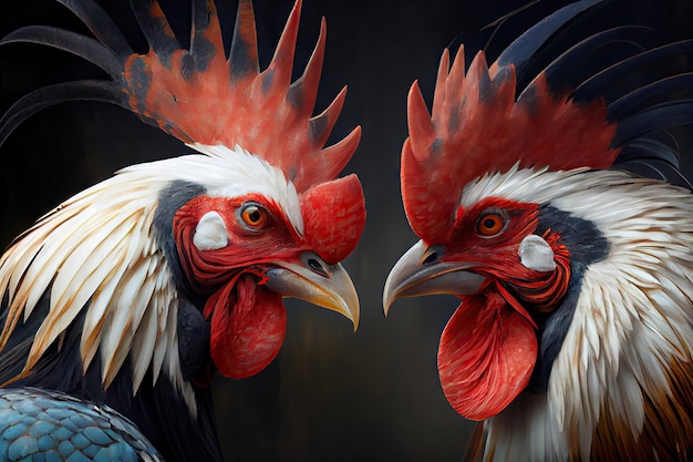 Closeup of two strong fighting roosters with sharp professional beaks