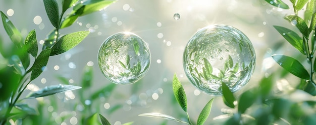 Closeup of two transparent spheres floating among green leaves with sparkling light reflections in a serene natural setting