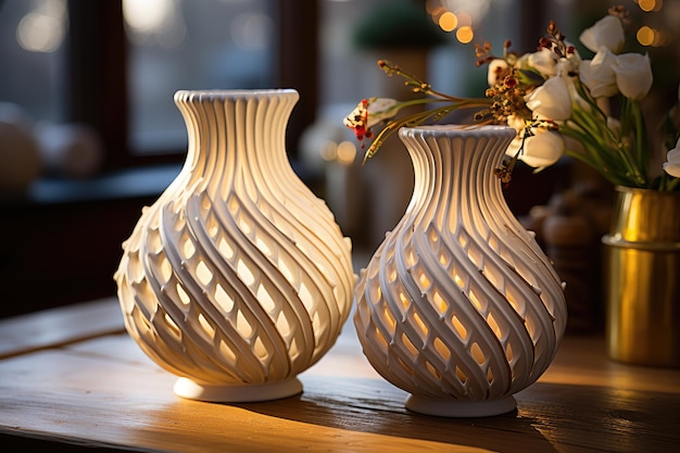 Closeup of two white clay vases on the table under the lights on white