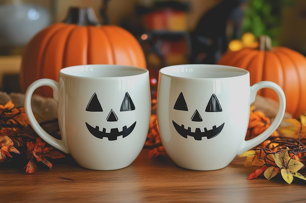 Closeup of two white coffee mugs sitting next to each other the background is Halloweenthemed