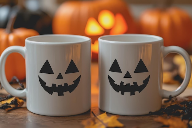 Closeup of two white coffee mugs sitting next to each other the background is Halloweenthemed