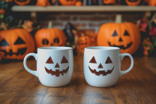 Closeup of two white coffee mugs sitting next to each other the background is Halloweenthemed