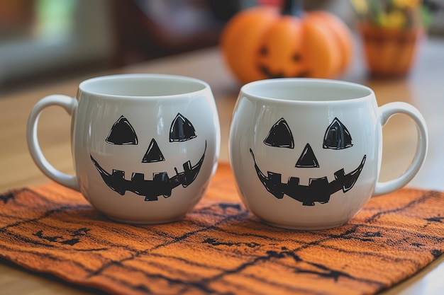 Closeup of two white coffee mugs sitting next to each other the background is Halloweenthemed