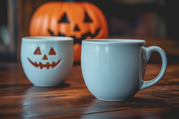 Closeup of two white coffee mugs sitting next to each other the background is Halloweenthemed