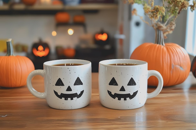 Closeup of two white coffee mugs sitting next to each other the background is Halloweenthemed