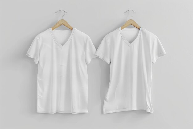 Photo closeup of two white tshirts hung on a wooden hanger suitable for fashion or lifestyle photography