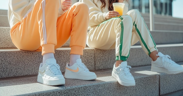 Photo closeup of two women in tracksuits and sneakers drinking lemonade on steps