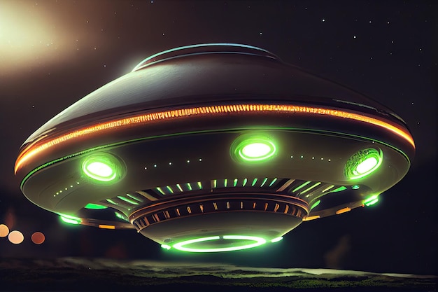 Closeup of ufo with its glowing lights and mysterious markings visible