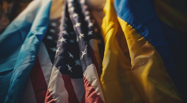 CloseUp of Ukrainian and American Flags Symbolizing Friendship