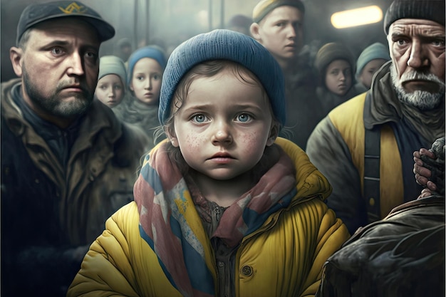 Closeup of Ukrainian family before leaving Ukrainian war concept Terrible concept Generative AI