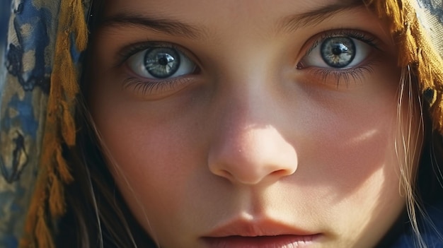 A closeup of a Ukrainian girl's bright eyes reflecting resilience kindness and the spirit of the