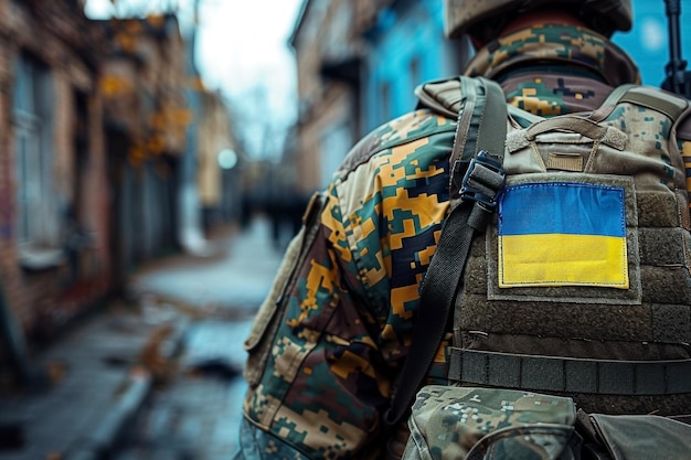 CloseUp of Ukrainian Soldiers Uniform with Flag Patch