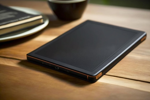 Closeup of ultra slim modern external computer storage on a wooden table