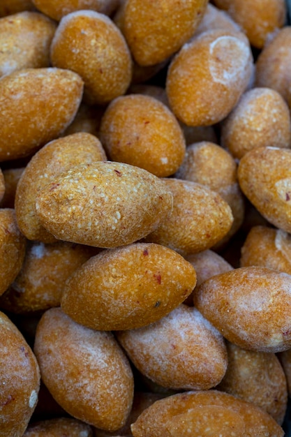 Closeup uncooked kibbeh Stuffed meatballs as background texture