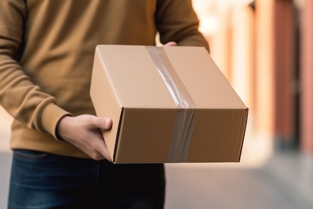 Closeup of unrecognizable delivery man with cardboard box