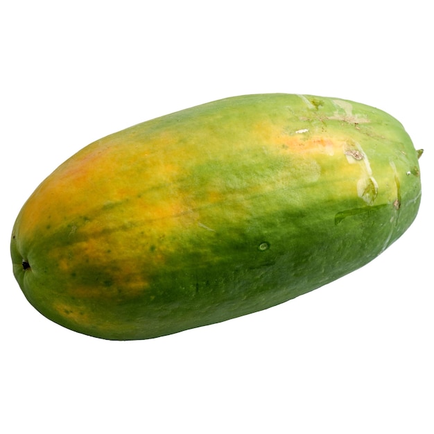 Closeup of unripe papaya fruit in yellowgreen colors isolated on white background