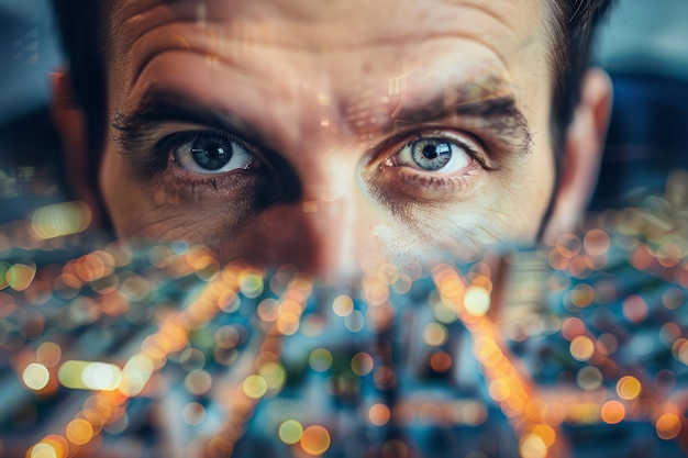 Photo closeup of urban planners eyes with cityscape reflection