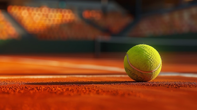 A closeup of a used tennis ball on a clay court with a blurred background