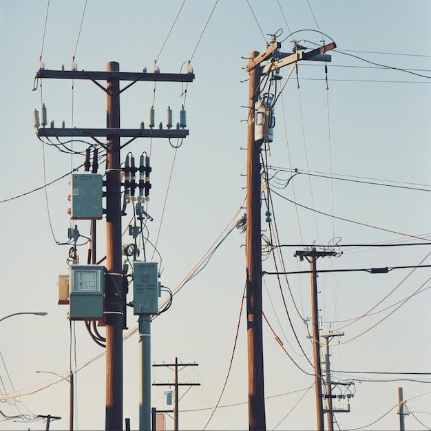 A closeup of utility infrastructure such as power lines transformers and substations