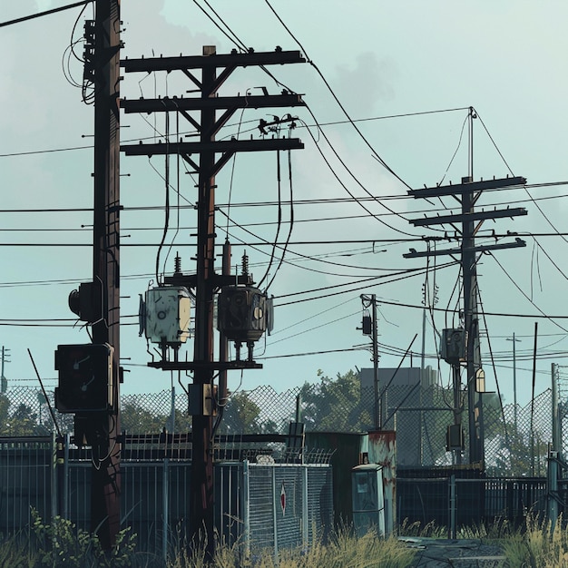 A closeup of utility infrastructure such as power lines transformers and substations