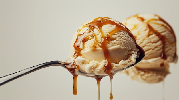 Photo closeup of vanilla ice cream with caramel drizzle on a spoon delicious dessert photography showcasing smooth texture and rich flavors perfect for food styling and culinary inspiration ai