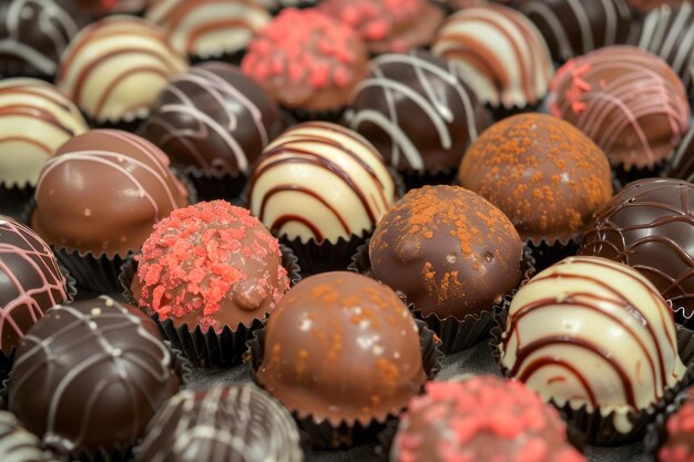 Closeup of a variety of chocolate truffles with different toppings