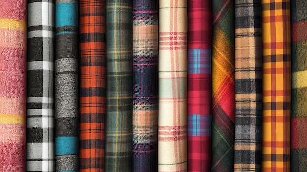 Photo a closeup of a variety of plaid fabric rolls