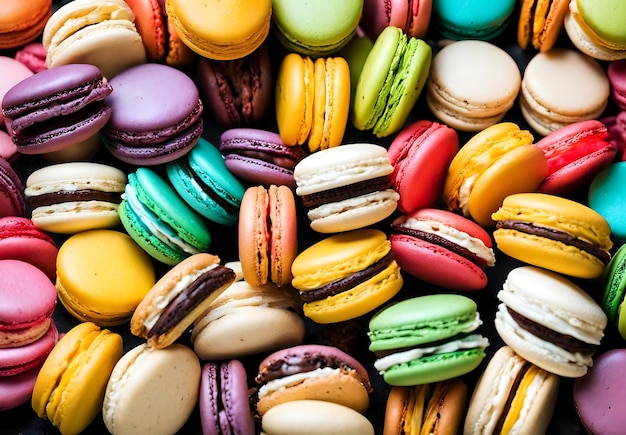 Closeup of various colorful macarons