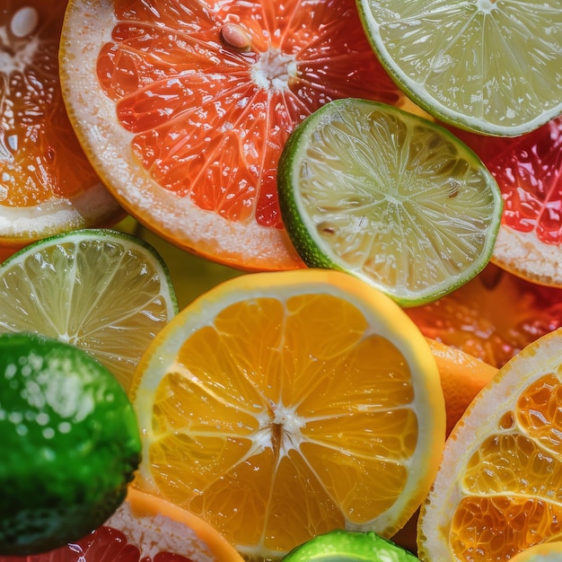 A closeup of various cut fruits grapefruit lime orange lemon lime and watermelon