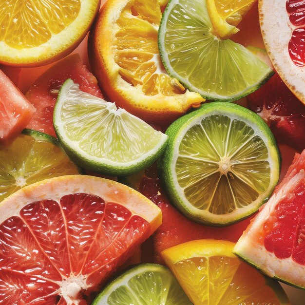 A closeup of various cut fruits grapefruit lime orange lemon lime and watermelon