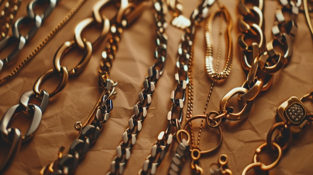 A closeup of various gold and silver chains artistically arranged on a crumpled brown paper backdrop showcasing their intricate designs