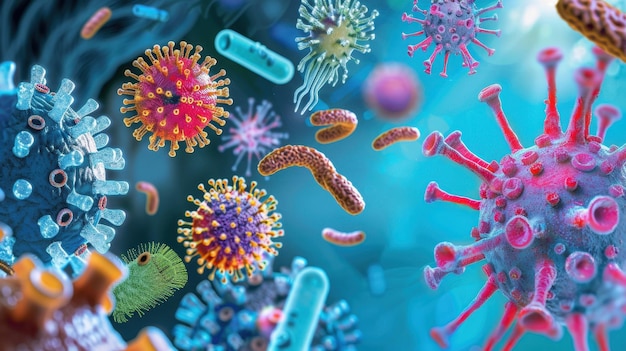 Photo closeup of various microscopic viruses and bacteria in vibrant colors on a blue background illustrating the complexity of microorganisms