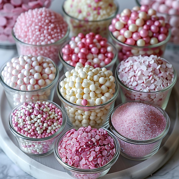 Photo a closeup of various pink and white sprinkles in clear glass jars stacked on top of each other with some scattered around placed next to a cake display stand against a clean white background