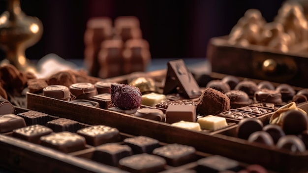 A closeup of various types of chocolates on a table