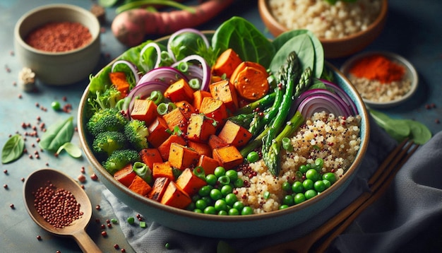 Photo closeup of vegan buddha bowl with roasted sweet potatoes fresh greens and plantbased ingredients