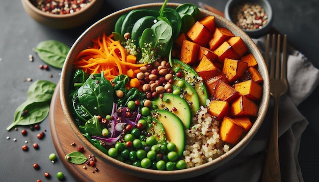 Photo closeup of vegan buddha bowl with roasted sweet potatoes fresh greens and plantbased ingredients