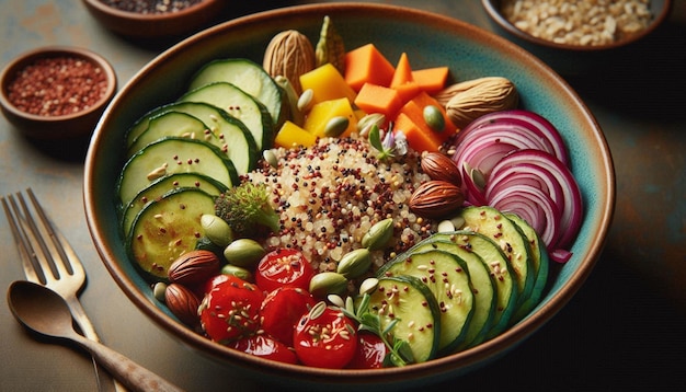 Photo closeup of vegan protein bowl quinoa fresh vegetables and plantbased ingredients for a nutrient