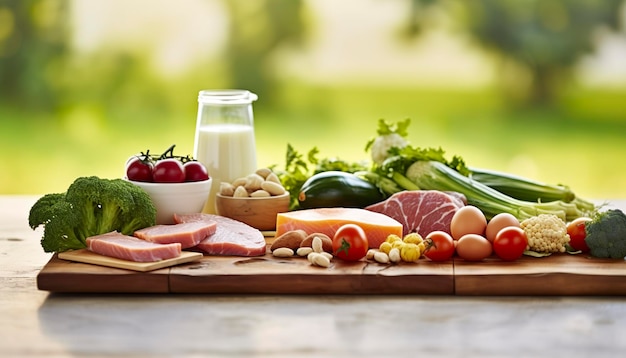 Closeup of vegetables fruits and meat on wooden table over green natural background Generative AI