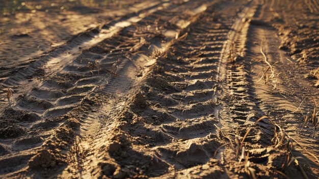 Photo closeup of vehicle tire tracks etched deep into sunlit freshly tilled soil in a rural field showcasing patterns and textures