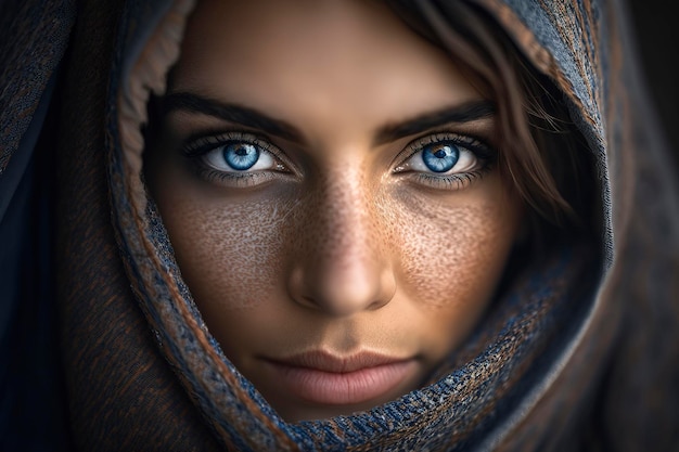 closeup of a veiled woman with blue eyes, creative ai