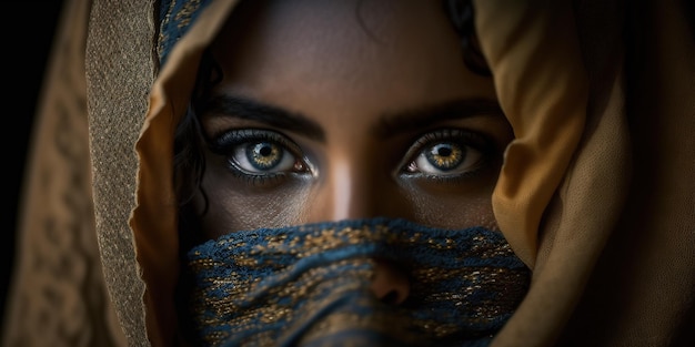 closeup of a veiled woman with gold eyes, creative ai